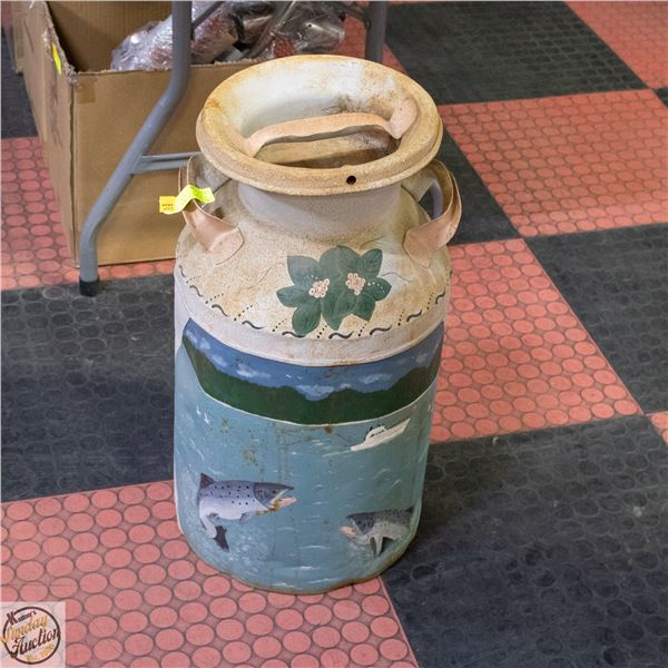 METAL VINTAGE MILK CAN - HAND PAINTED SCENE