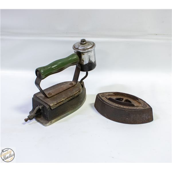 LOT OF 2 ANTIQUE IRONS ONE WITH STEAM ATTACHMENT