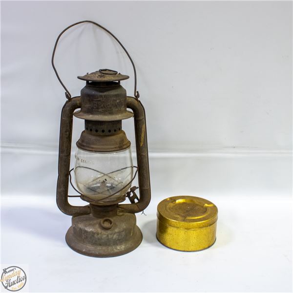 BEACON KEROSENE LAMP, MADE IN CANADA + GOLD TIN