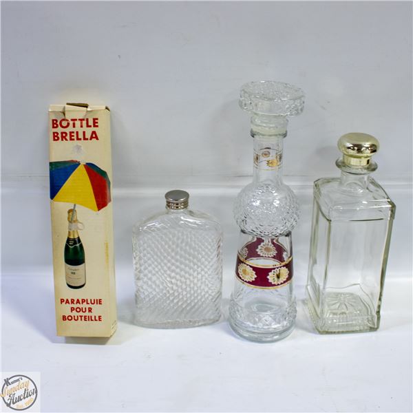 VINTAGE GLASS QUART LIQUOR DECANTERS AND BOTTLE