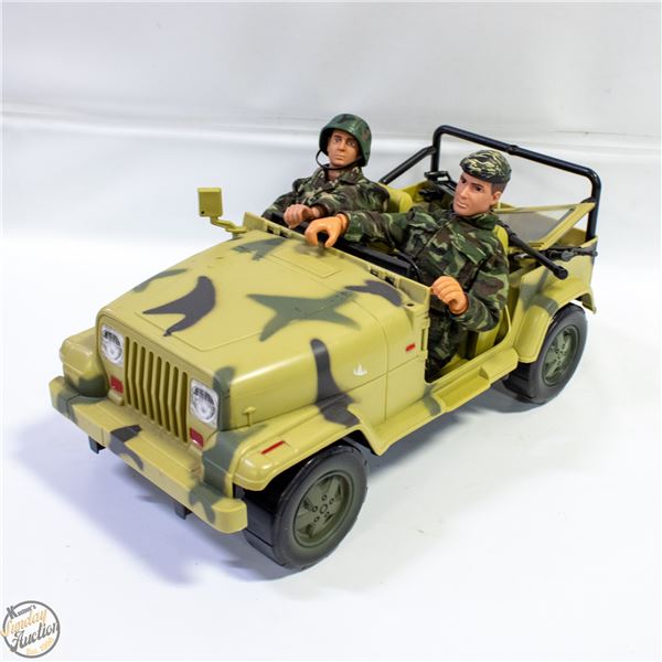 TWO 12 INCH ARMY ACTION FIGURES IN JEEP