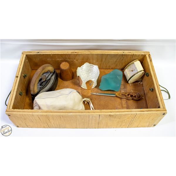 WOODEN BOX WITH COLLECTABLES SAD IRON