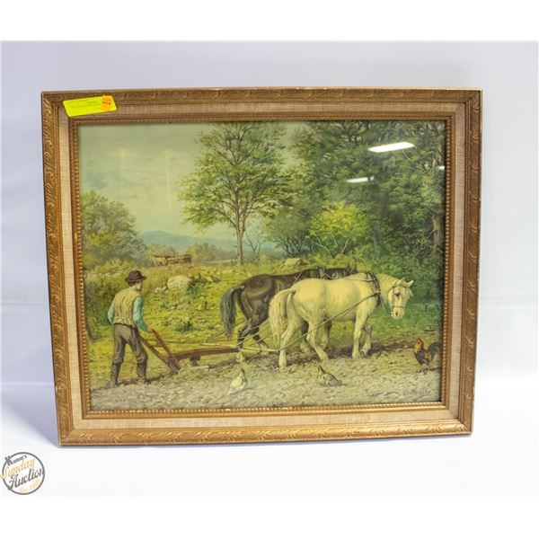 VINTAGE FRAMED FARM SCENE 19" X 23"