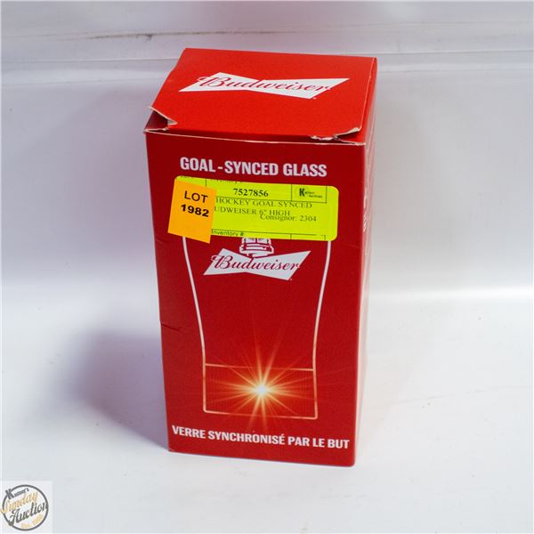 UNUSED HOCKEY GOAL SYNCED GLASS BUDWEISER 6" HIGH