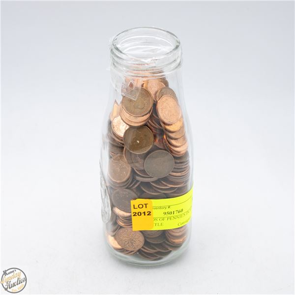 HUNDREDS OF PENNIES IN VINTAGE MILK BOTTLE