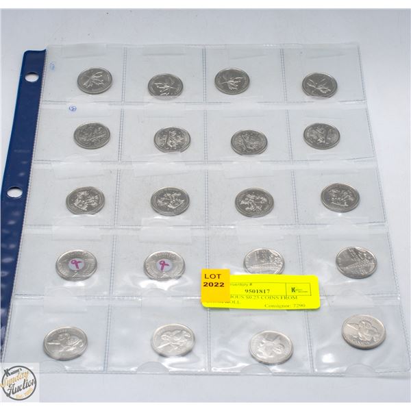 20 - VARIOUS $0.25 COINS FROM BANK ROLL