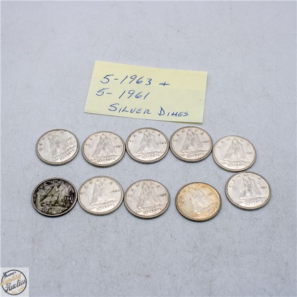 5 - 1963 AND 5 - 1961 SILVER DIMES