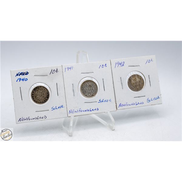 1940, 1941 & 1942 NEWFOUNDLAND SILVER DIMES