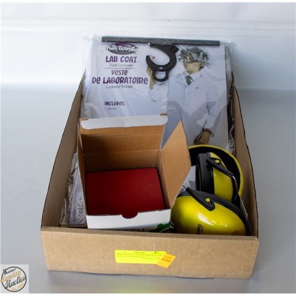 KIDS CRAFT LOT EAR PHONES, LAB COAT & SANDING KIT