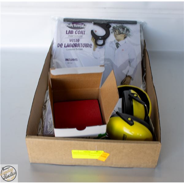 KIDS CRAFT LOT EAR PHONES, LAB COAT & SANDING KIT