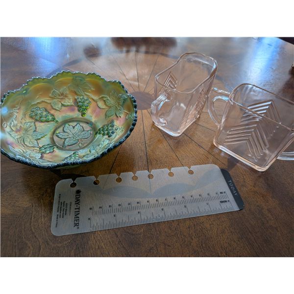 Carnival Glass Bowl and Depression Cream and Sugar Set