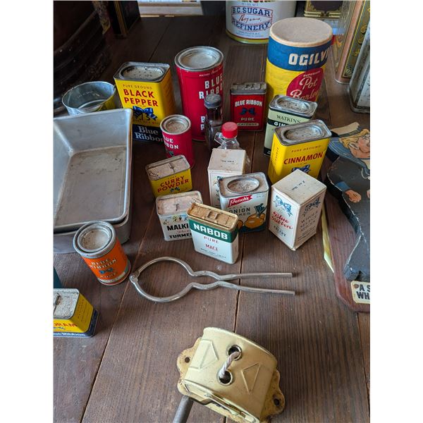 Variety of Spice Tins Jar Opener Clothes Line Loaf Pans