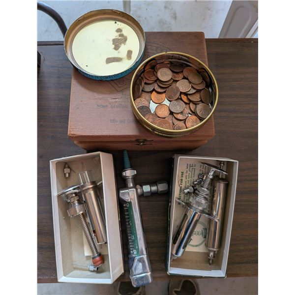 Tin of Pennies Two Livestock Syringes Wooden Box