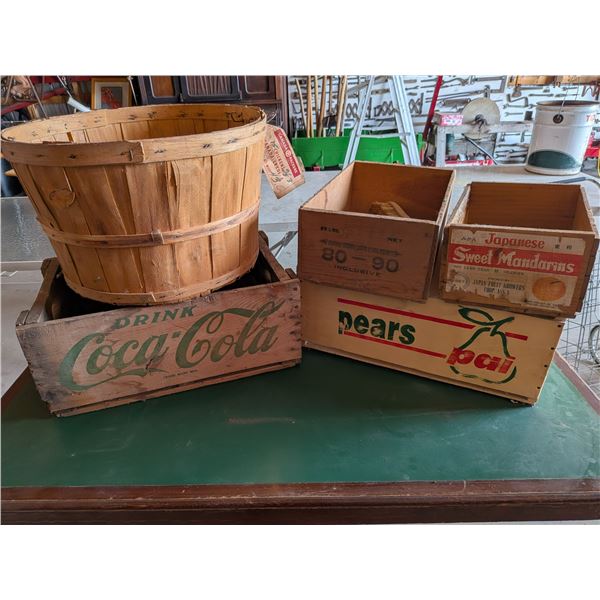 Four Wood Boxes One Coca Cola etc. and an Apple Basket