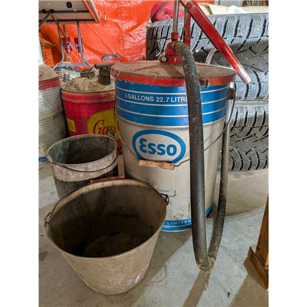 Two Buckets and Esso Grease Pail 22.7 L with Pump