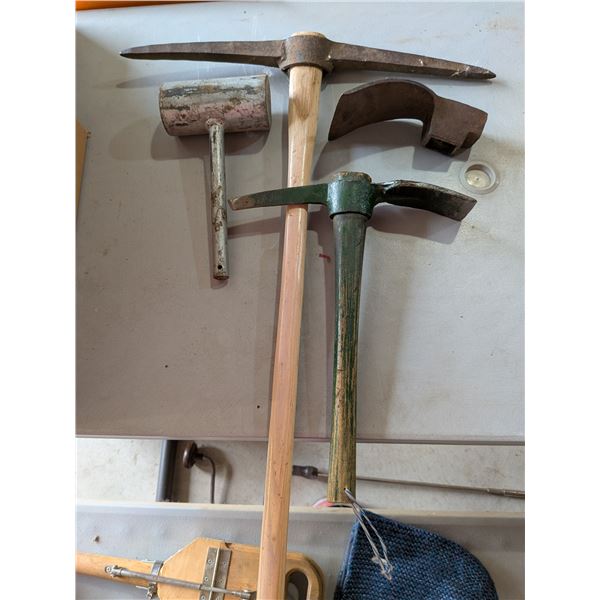 Three Pick Axes and Steel Mallet