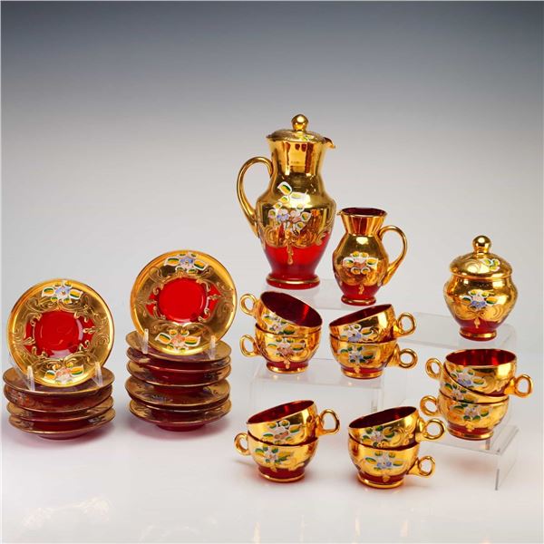 A 27-Piece Murano Tre Fuochi Ruby Red Glass and 24 Karat Gold Coffee and Tea Service