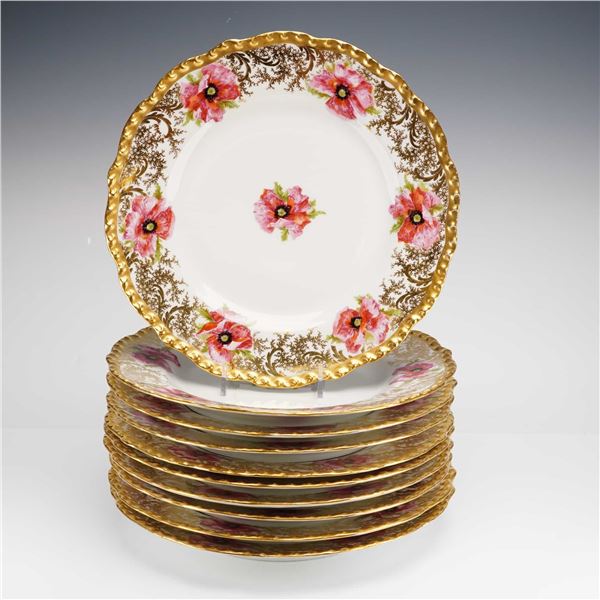 Jean Pouyat Limoges Pink Poppy Pattern Gilt Floral Service Plates, Set of 10