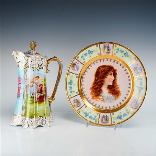 Two Pieces of European Porcelain Including a Bohemia Austria Chocolate Pot and a Portrait Plate