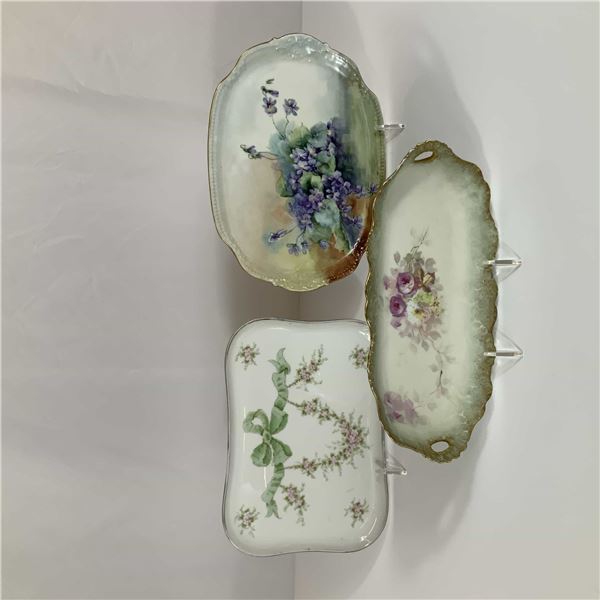 3pc Limoges Hand-Painted Floral Porcelain Plates and Trays