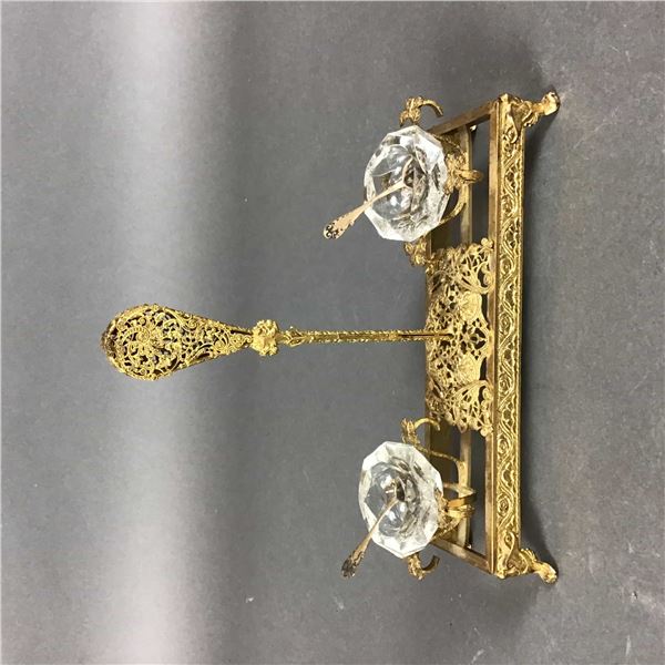 Gilt Metal Double Open Salt Cellar Stand with Glass Liners and Sterling Silver Spoons