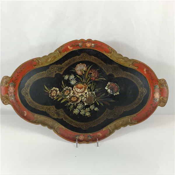 Victorian Style Hand Painted Scalloped Floral Platter Tray