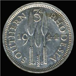 1944 Southern Rhodesia Silver 3 Pence Rare AU+ (COI-6658)