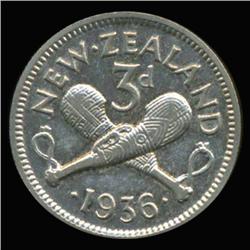 1936 New Zealand Silver Three Pence High Grade AU+ (COI-6799)