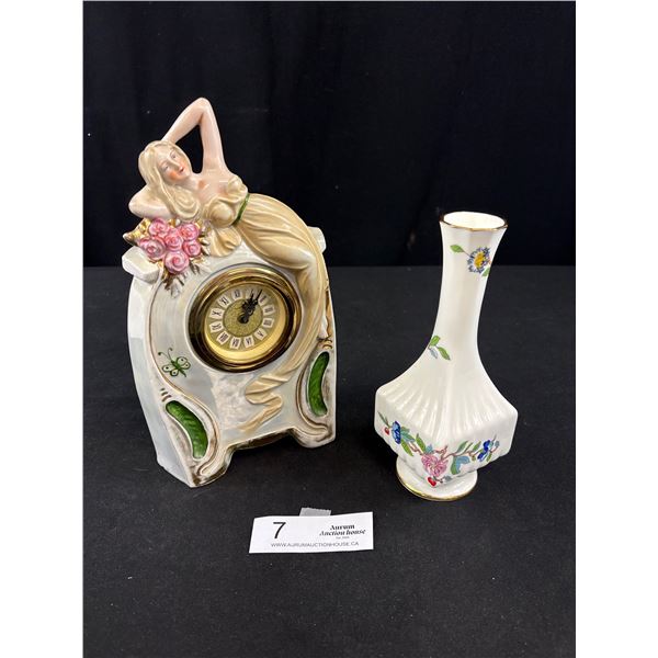 Very Nice Vintage Aynsley Bud Vase and Porcelain Mantle Clock