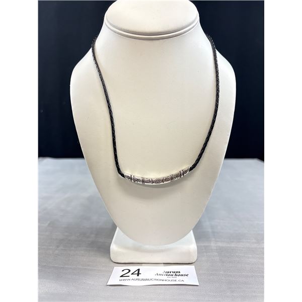 Engraved Silver w/Black Cord Necklace