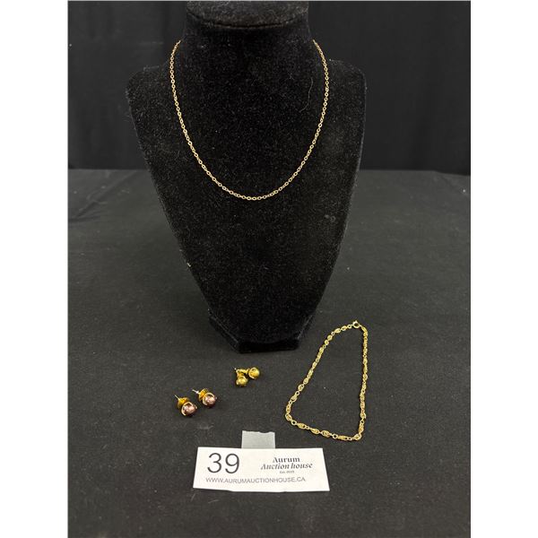 Vintage Gold Tone Chain Necklace, Bracelet Anklet + 2 Pairs of Stud Earrings