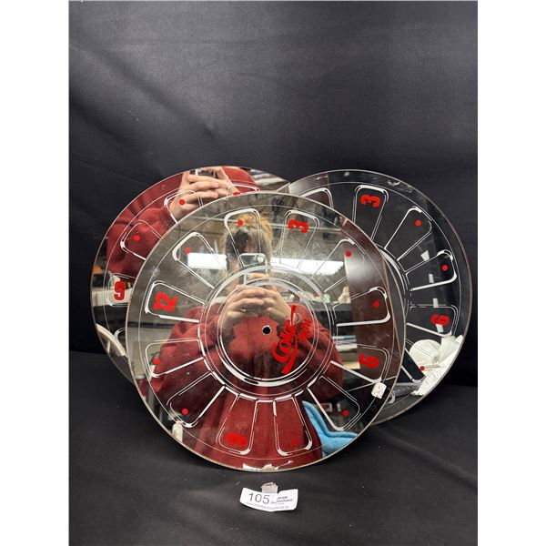 3 Vintage Coca Cola Mirror Clock Faces, No Mechanisms