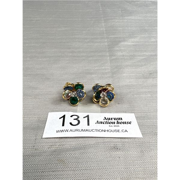 Vintage 80's Gold Tone Bezel Set Crystal Flower Clip on Earrings