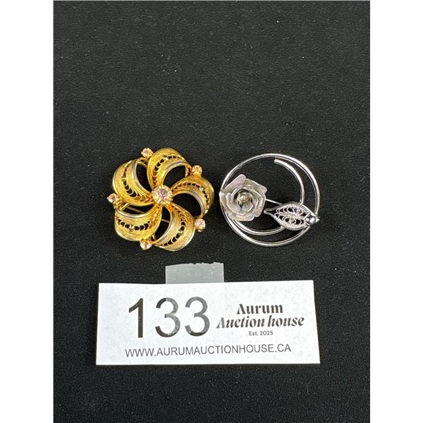 2 Vintage Signed Flower Brooches, Continental + Sarah Cov.