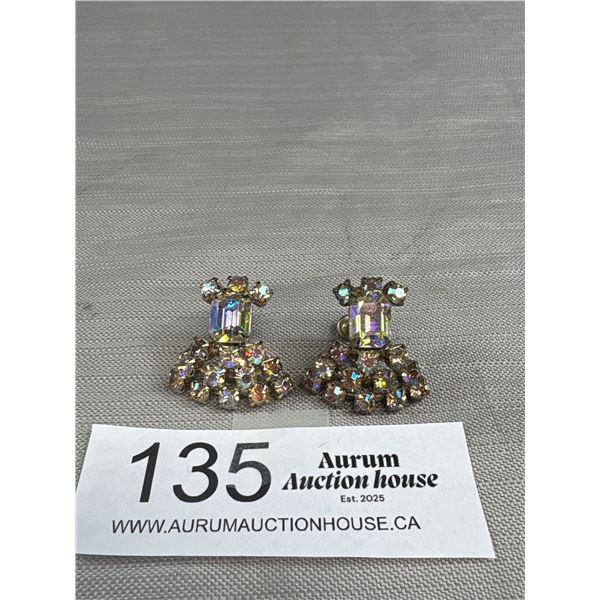 Vintage Signed Coro, Rhinestone Aurora Borealis Screw Back Earrings