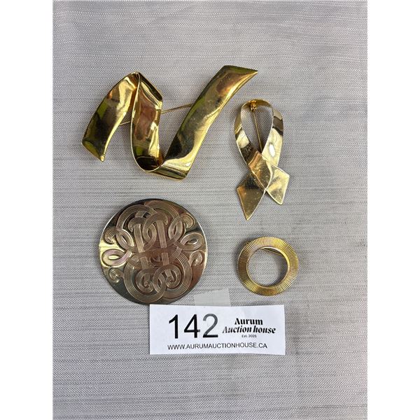 4 Vintage Gold Tone Brooches, Largest 4"