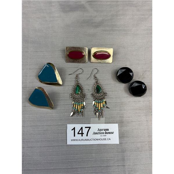 4 Pairs of Vintage Jewelry. Enamel on Metal, Malachite + Moderness