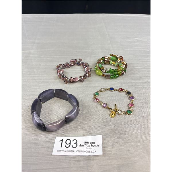 Lot of 3 Beaded Shell, Glass, Crystal Bracelet and Religious Piece