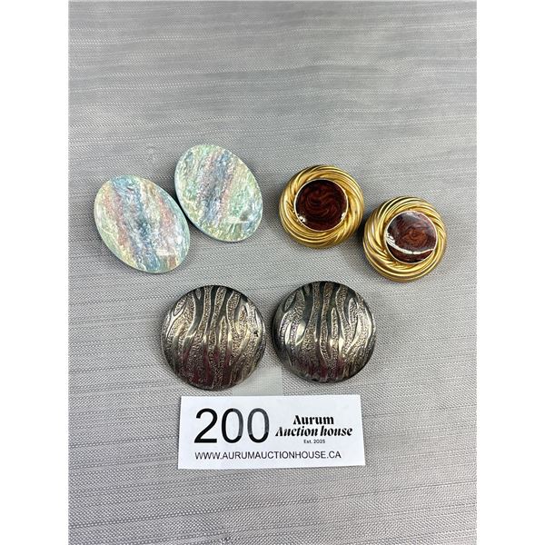 3 Pairs of Vintage Statement Button Clip Earrings, Gold ones are Made in U.S.A.