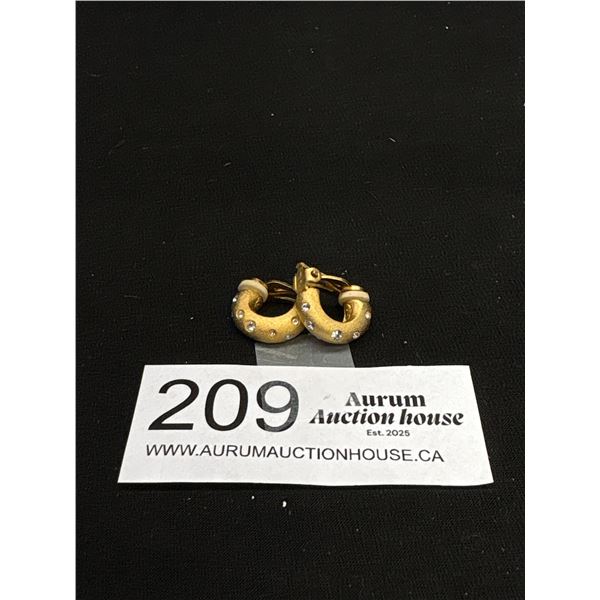 Vintage Signed Swarovski Brushed Gold Tone With Crystals Clip on Earrings