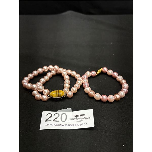 2 Faux Pearl Bracelets, One Unique Vintage Tiger Eye Filigree 1" Clasp
