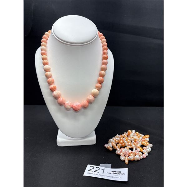 Two Necklaces, Genuine 27" Pearl + Natural Stone Not Dyed, Cold to Touch 1.8"