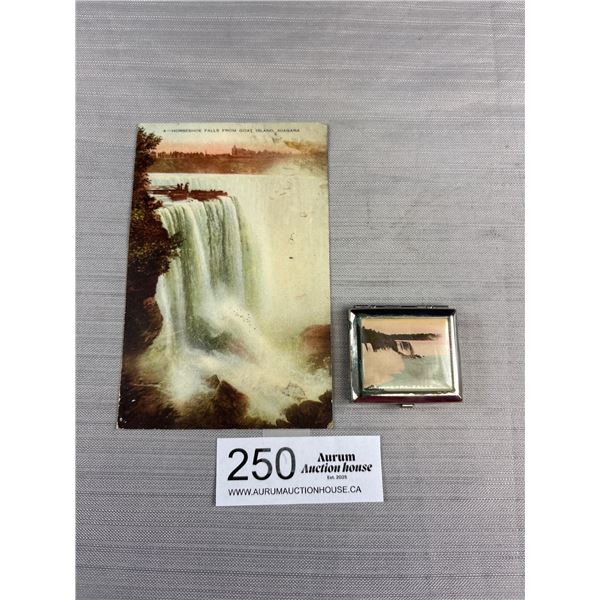 An Art Deco "Niagra" Falls Compact + Postcard 1920s-30s