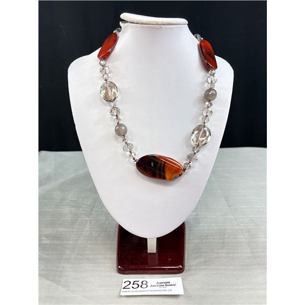 Heavy Necklace w/ Large Lace Agate Stone + Crystal Glass Beads Necklace