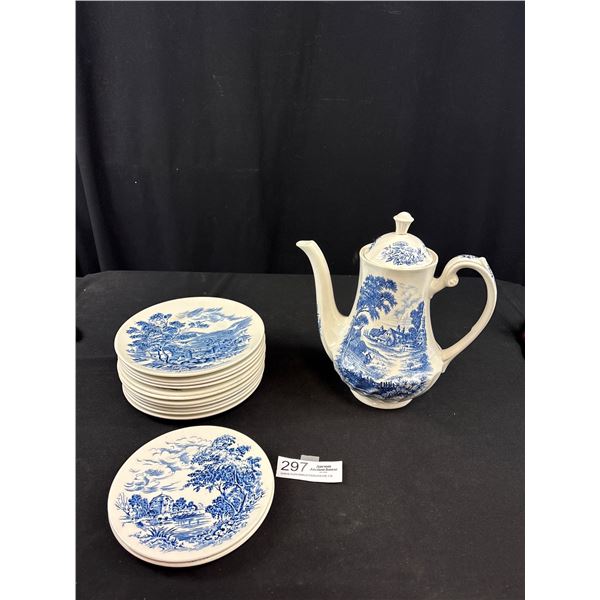 Vintage Lot of Bone China Blue and White Dishes with Teapot Small Chip on Top of Lid
