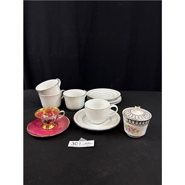 Collectible Lot of Teacups and Saucers and Sugar Bowl with Lid