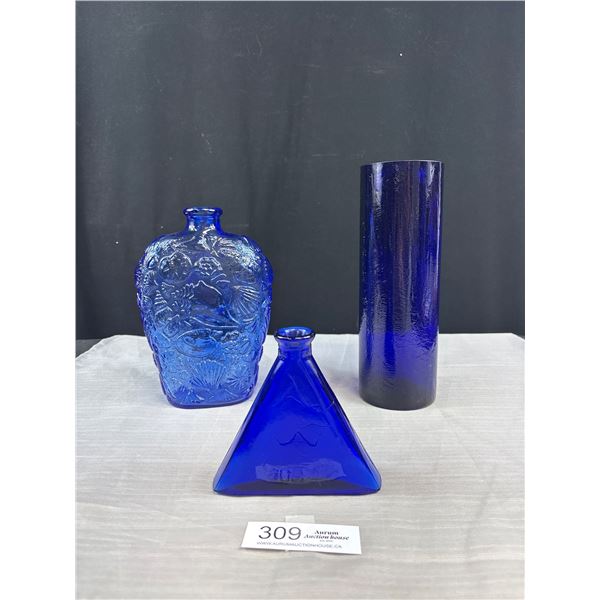 3 Cobalt Blue Glass Bottles/Vases