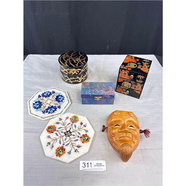 2 Vintage Asian Boxes, Mask, Motion Balls & 2 Inlaid Stone Trivets