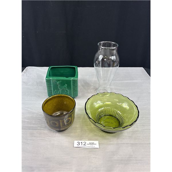 Vintage Ceramic Planters, Glass Chimney & EB Brody Bowl