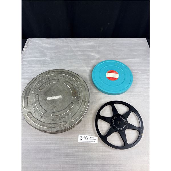 Vintage Eastman Kodak Co Tin Reel Holder, Bell & Howell Reel & Dual 8 Permaflex Reel Holder